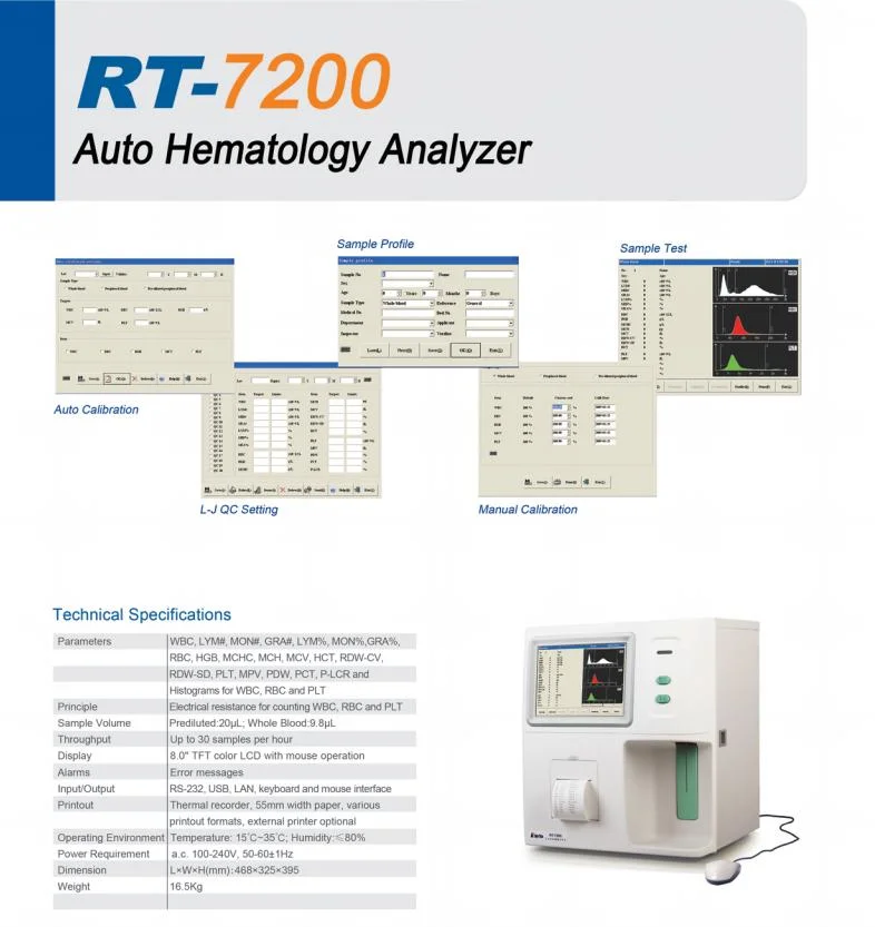 Analisador da hematologia da máquina da análise de sangue do Cbc do analisador da hematologia de Rt-7200 Rayto