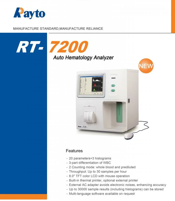 Analisador da hematologia da máquina da análise de sangue do Cbc do analisador da hematologia de Rt-7200 Rayto